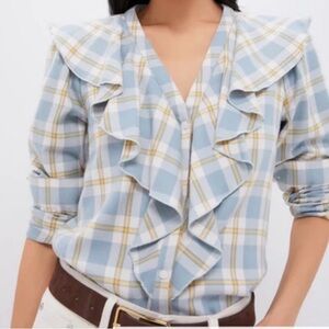 Tuckernuck Ruffle Eileen Button Down Shirt Plaid Blue Feminine Preppy Top Size L